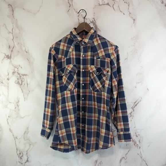 Vintage Levis Shirt Mens Small Blue Orange Plaid Pearl Snap 80s Workwear Cowboy - Picture 1 of 15